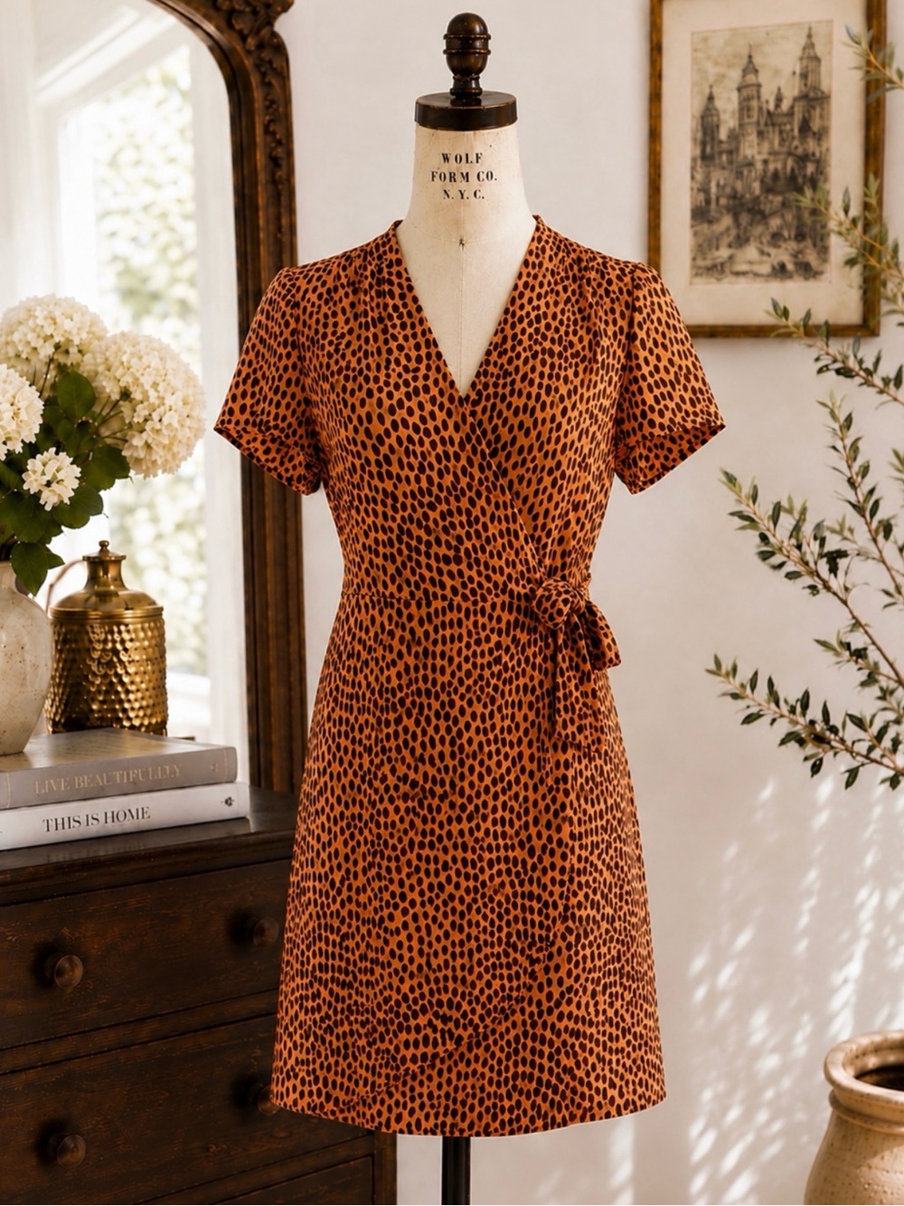 J.Crew Orange and Navy Cheetah Animal Print Wrap Dress Size 4